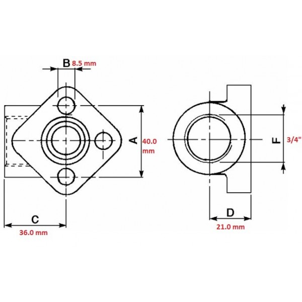 FLANGIA ACCIAIO FLANGETTA PER POMPA 3 FORI FILETTO 3/4" INTERASSE 40